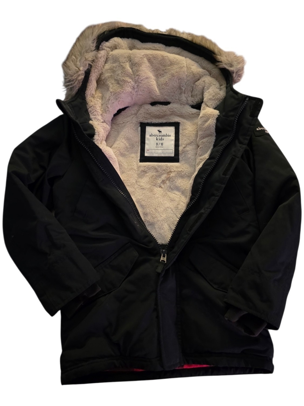 Abercrombie kids Black Puffer Jacket with Cream Faux-Fur Lining